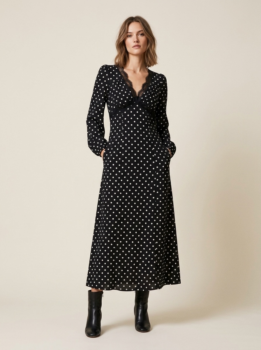 Black Polka Dot Lace V-Neck Long Sleeve Maxi Dress