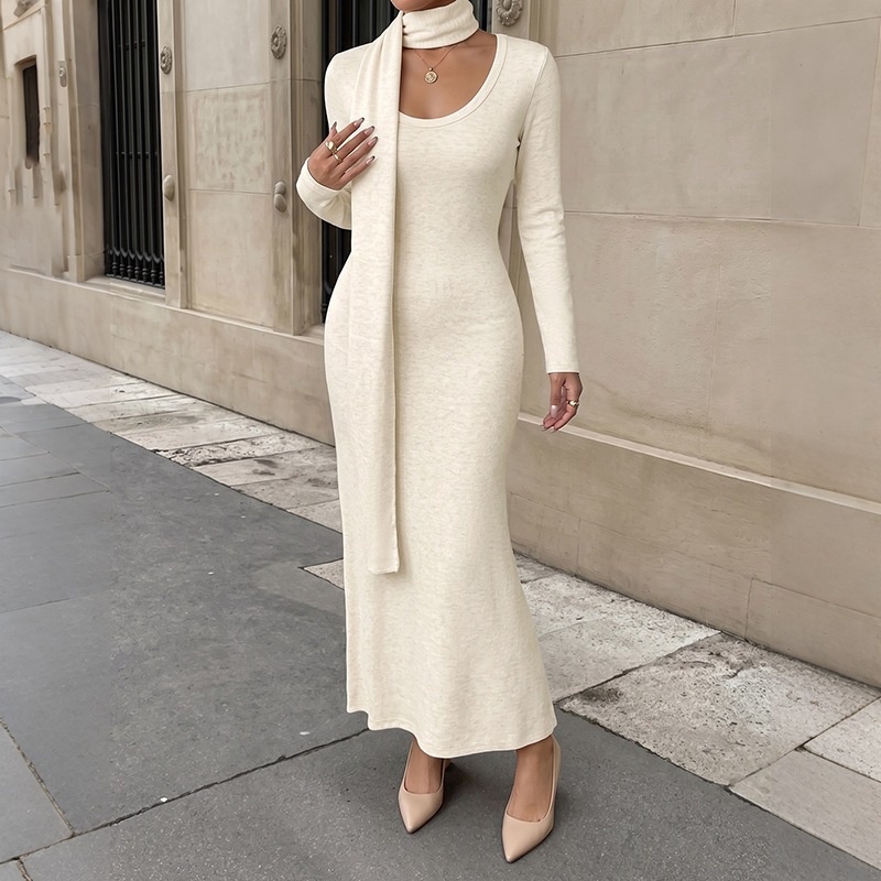 Long Sleeve Scoop Neck Maxi Dress with Matching Scarf