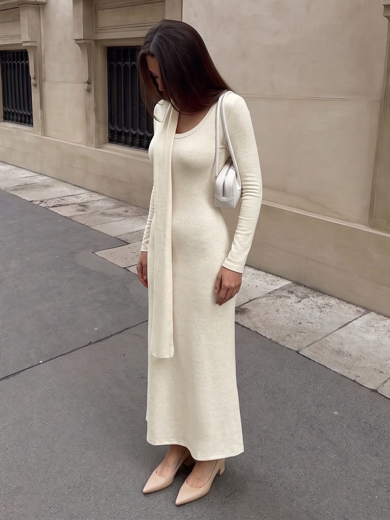 Long Sleeve Scoop Neck Maxi Dress with Matching Scarf