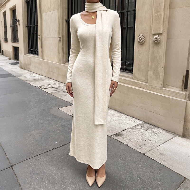 Long Sleeve Scoop Neck Maxi Dress with Matching Scarf