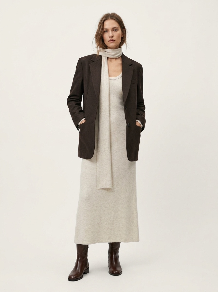 Long Sleeve Scoop Neck Maxi Dress with Matching Scarf