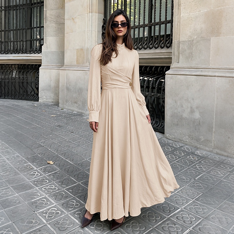 Pleated Mock Neck Long Sleeve Maxi Dress
