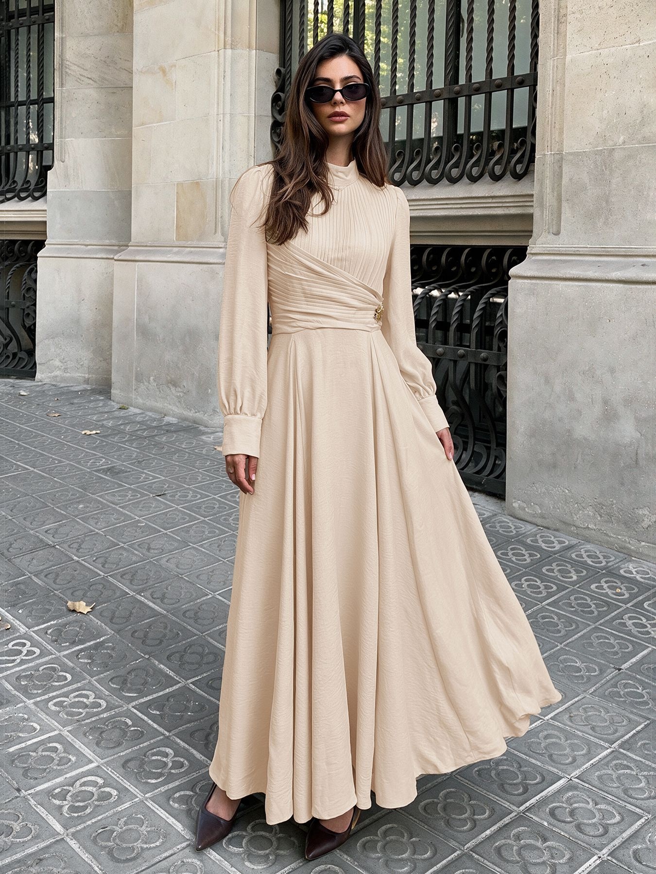 Pleated Mock Neck Long Sleeve Maxi Dress