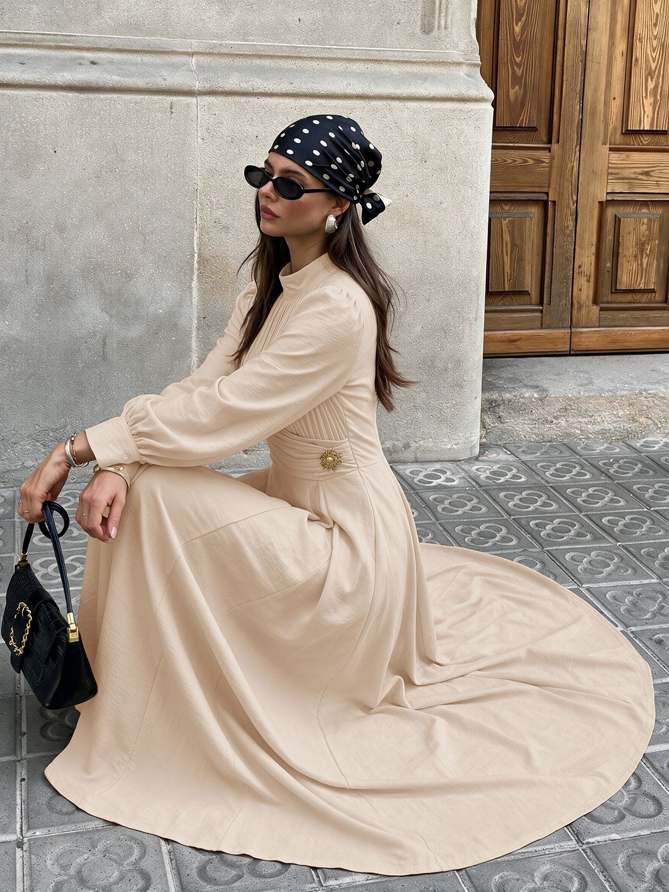 Pleated Mock Neck Long Sleeve Maxi Dress