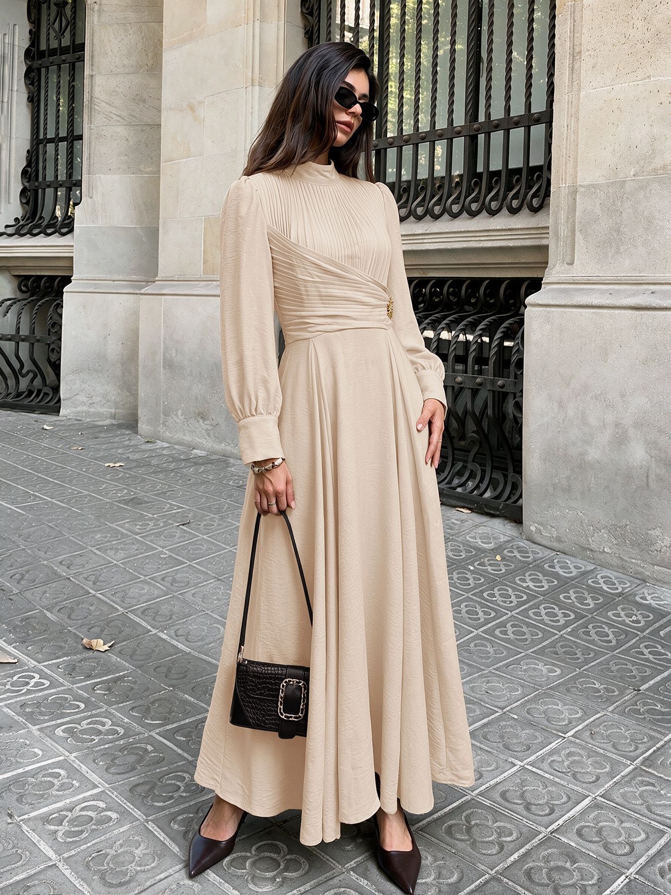 Pleated Mock Neck Long Sleeve Maxi Dress