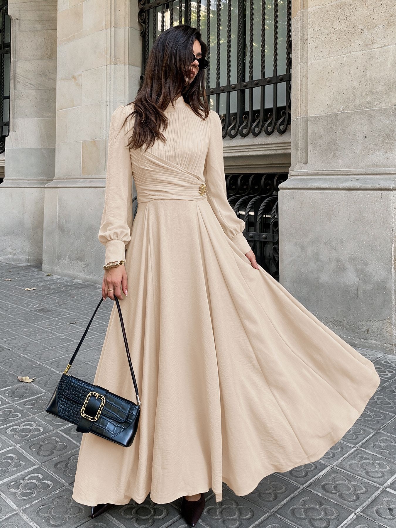 Pleated Mock Neck Long Sleeve Maxi Dress