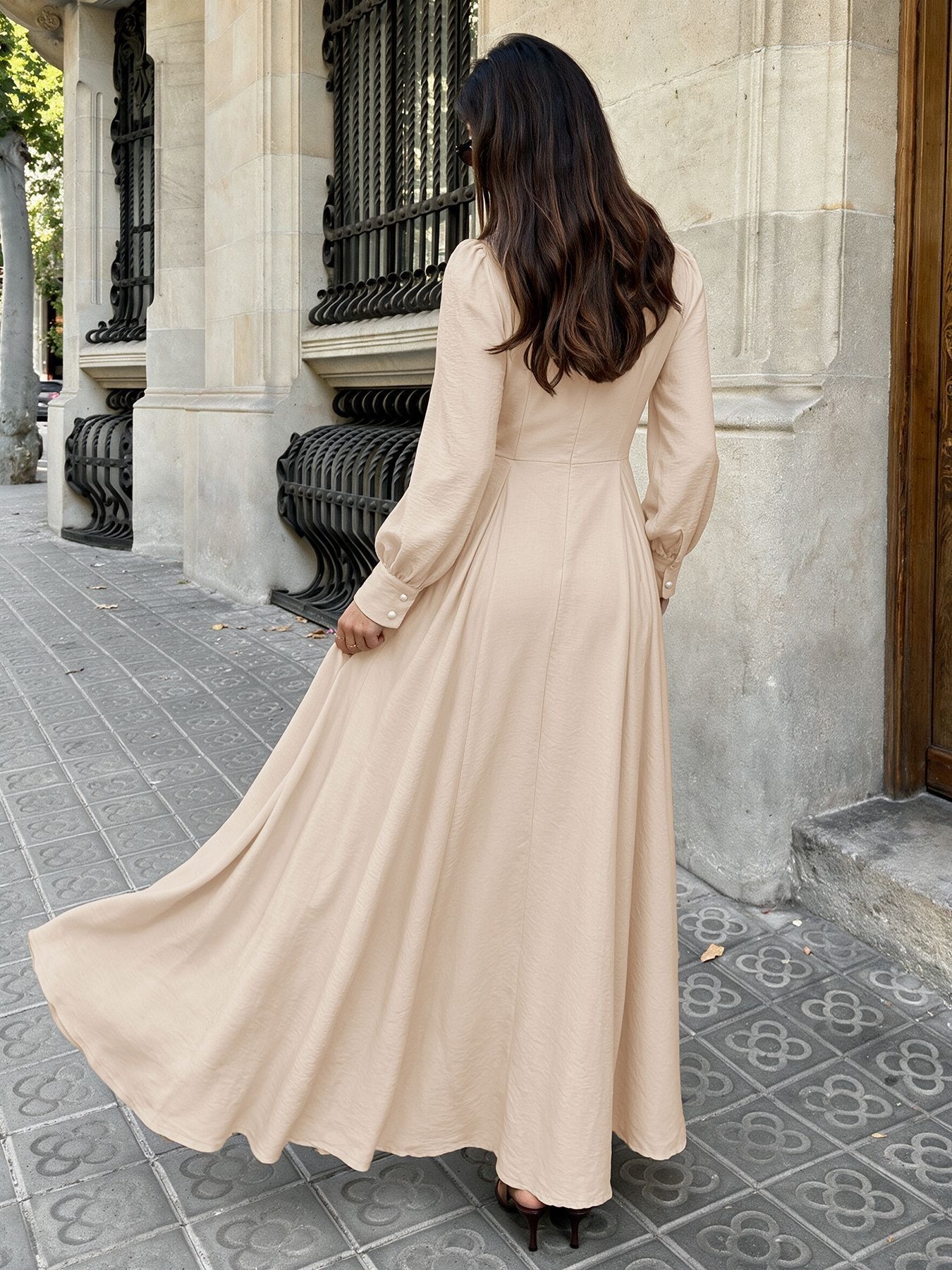 Pleated Mock Neck Long Sleeve Maxi Dress