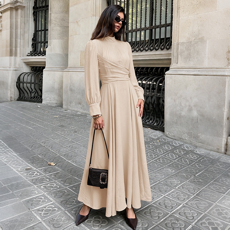 Pleated Mock Neck Long Sleeve Maxi Dress