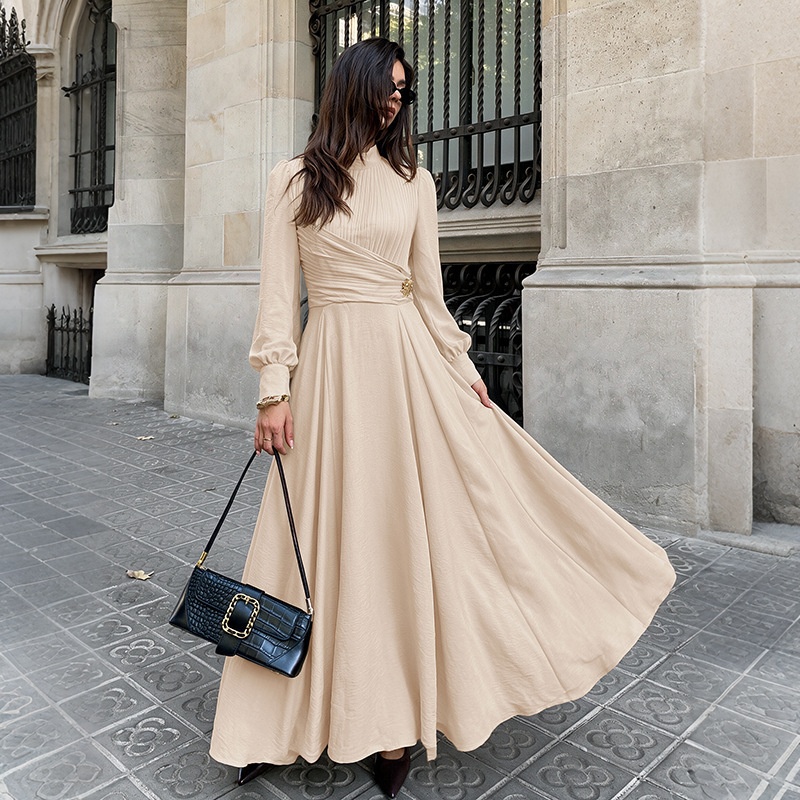 Pleated Mock Neck Long Sleeve Maxi Dress