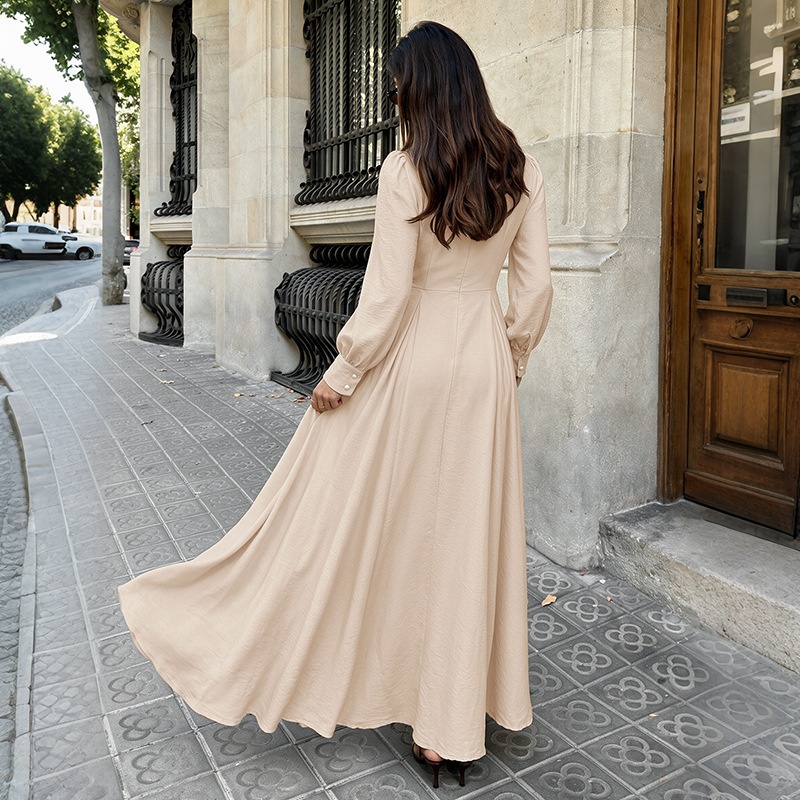 Pleated Mock Neck Long Sleeve Maxi Dress