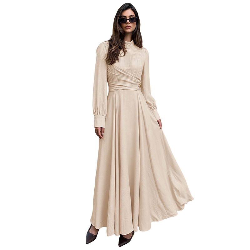 Pleated Mock Neck Long Sleeve Maxi Dress