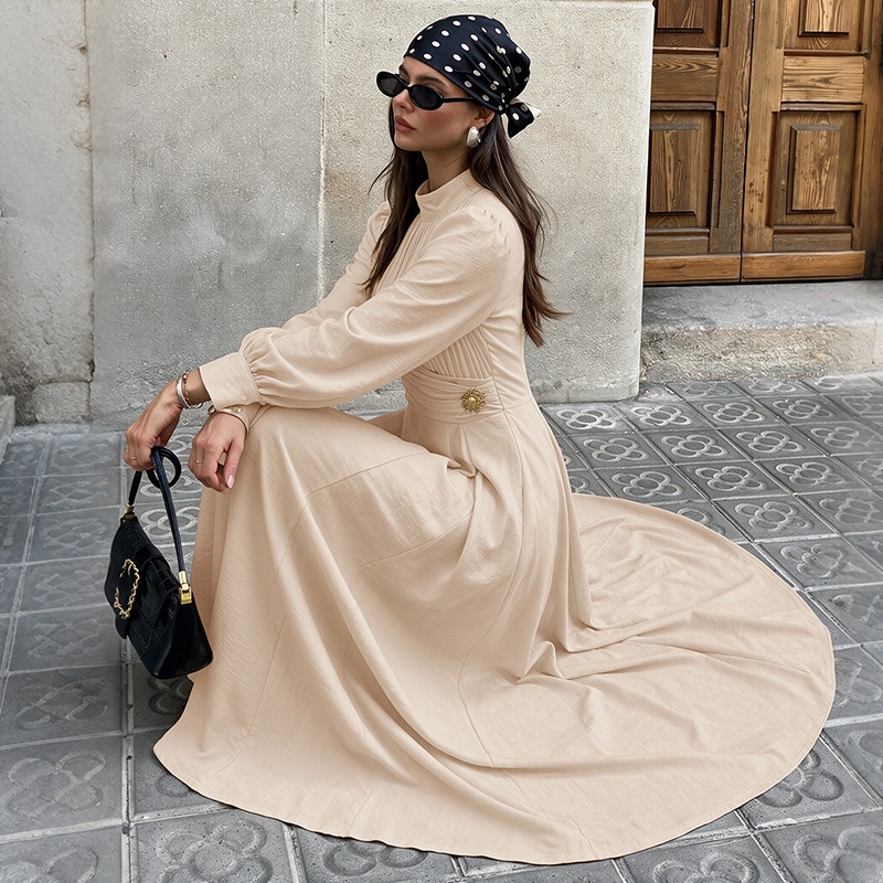 Pleated Mock Neck Long Sleeve Maxi Dress