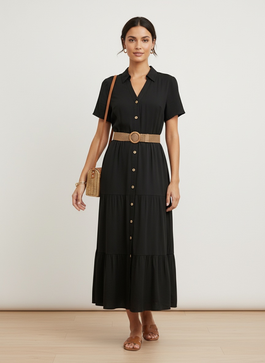 Women's Casual Button-Down Tiered Midi Shirt Dress