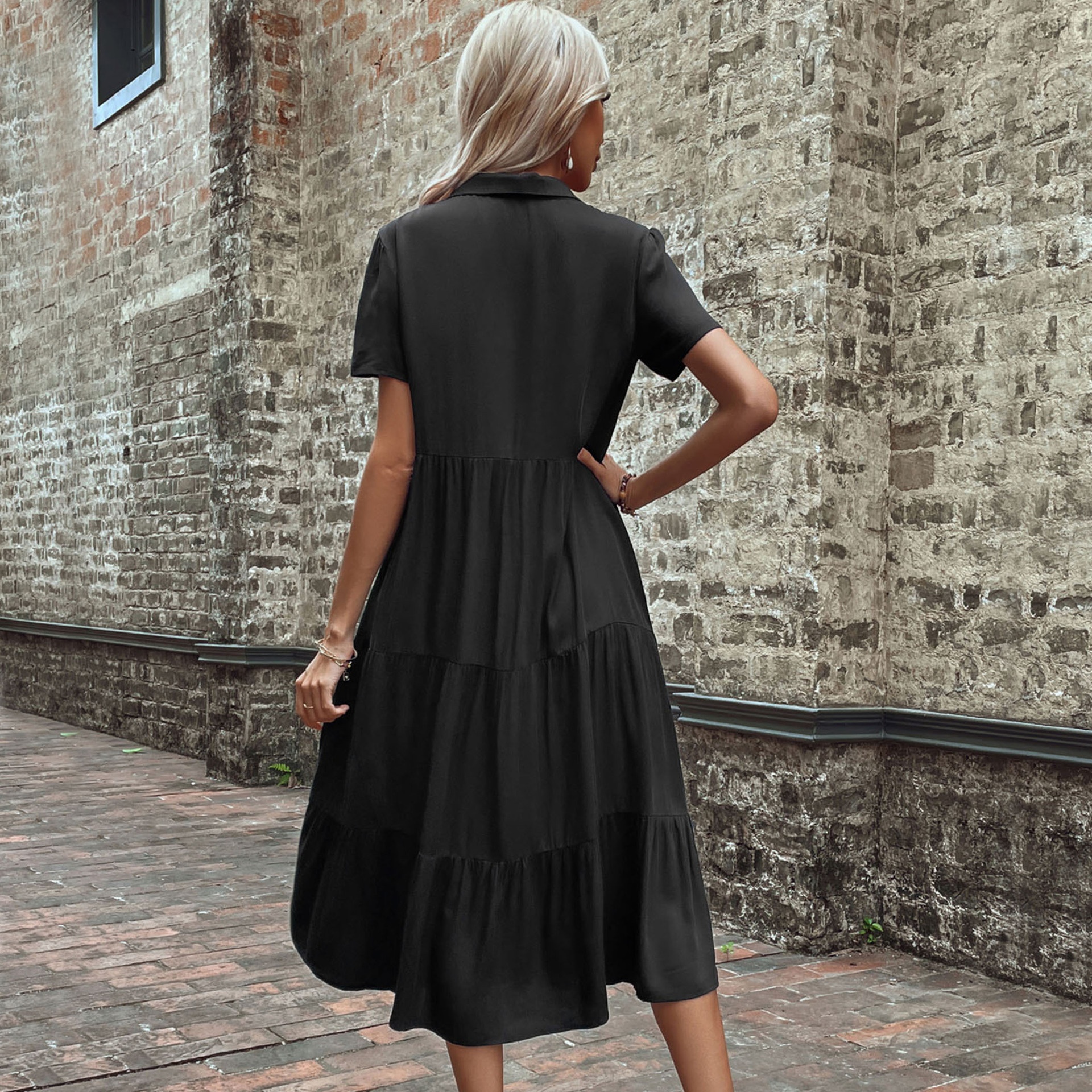 Women's Casual Button-Down Tiered Midi Shirt Dress