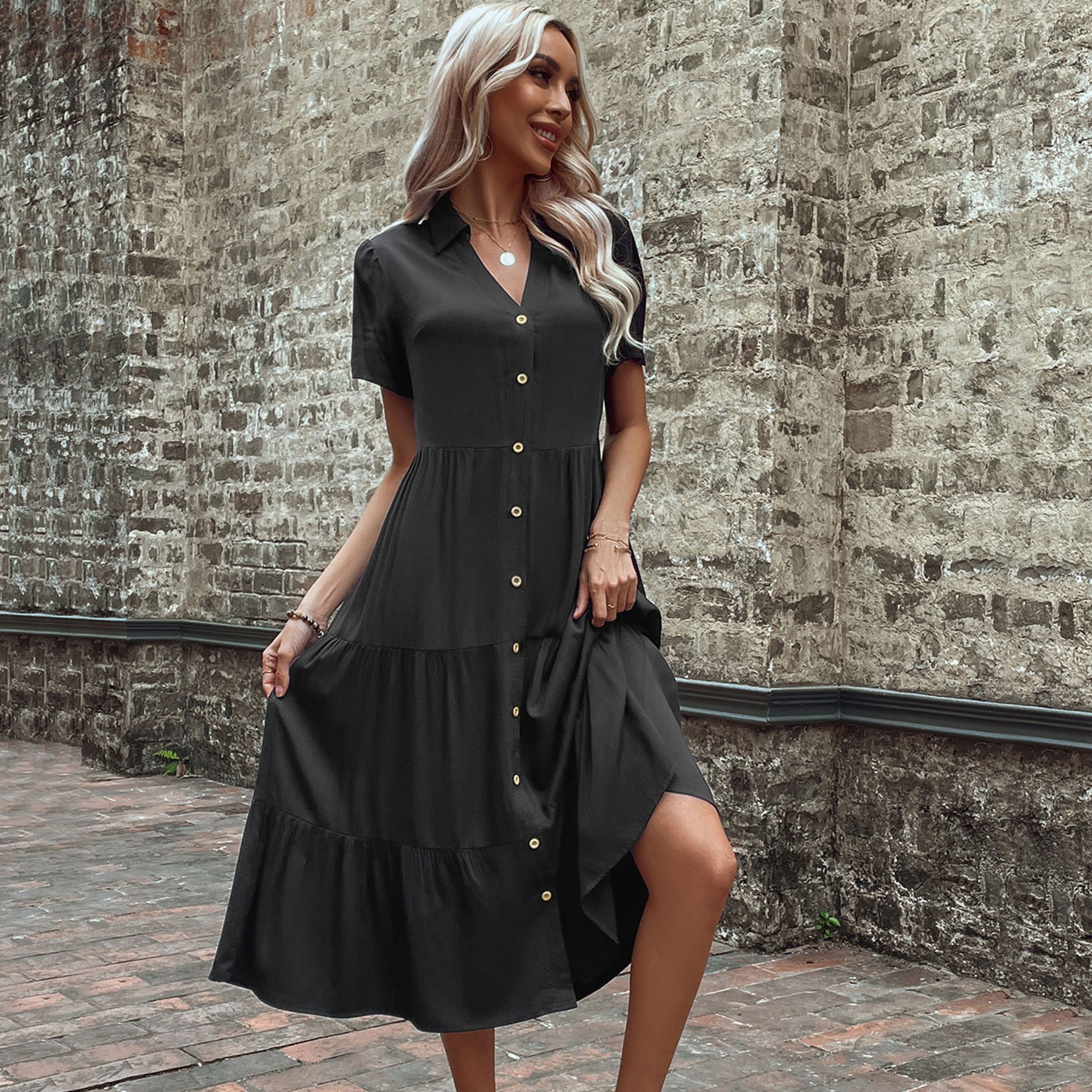 Women's Casual Button-Down Tiered Midi Shirt Dress