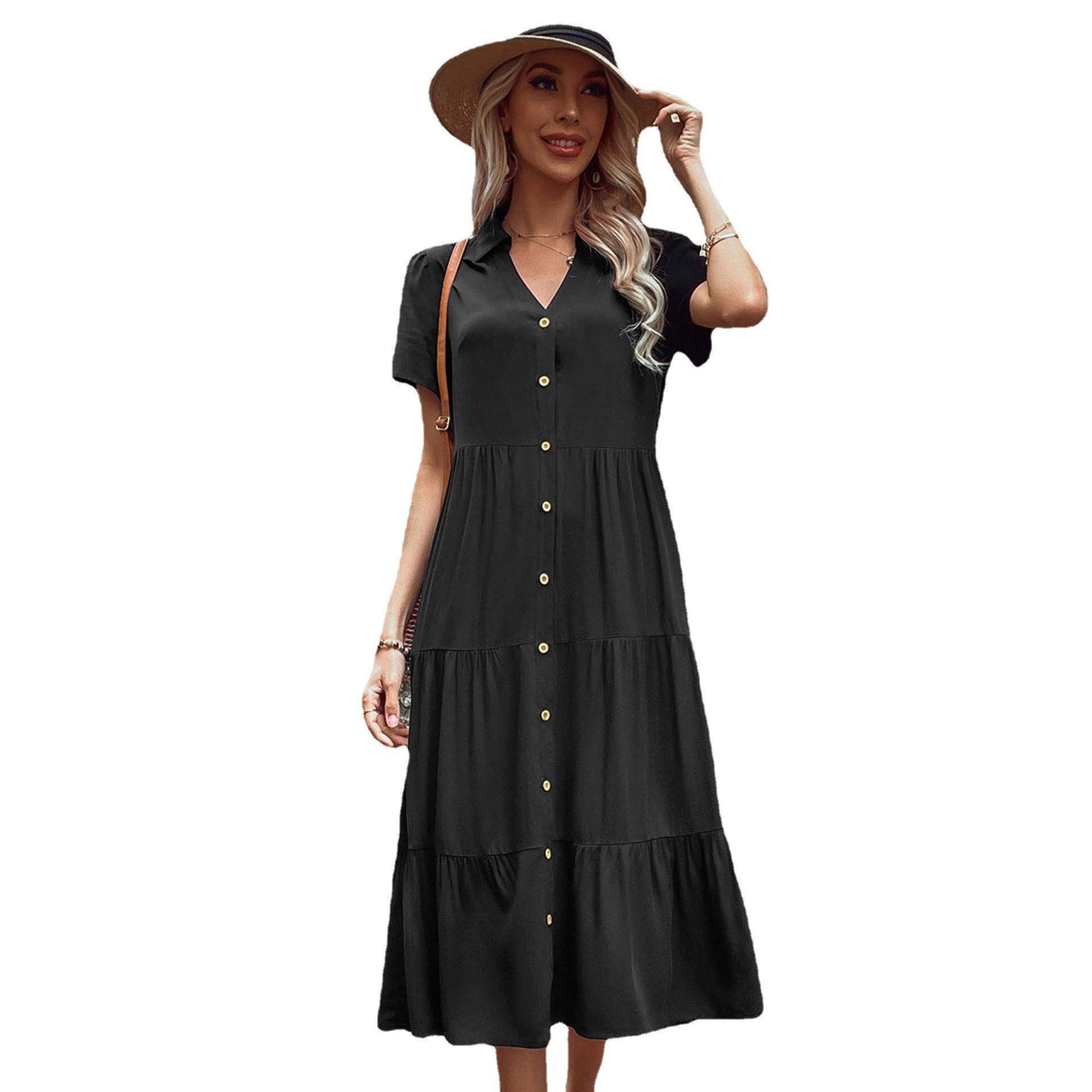 Women's Casual Button-Down Tiered Midi Shirt Dress