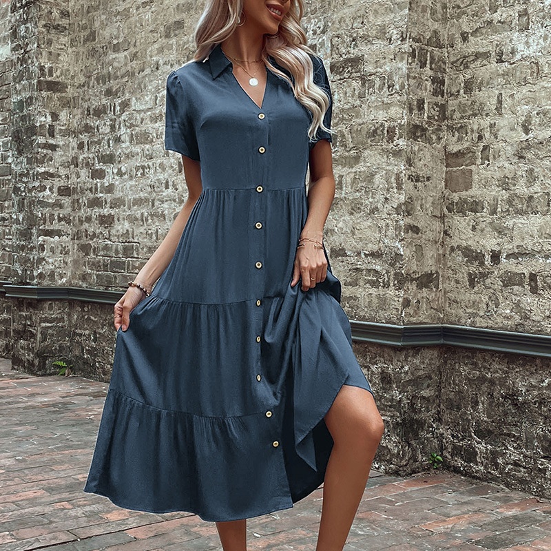 Women's Casual Button-Down Tiered Midi Shirt Dress