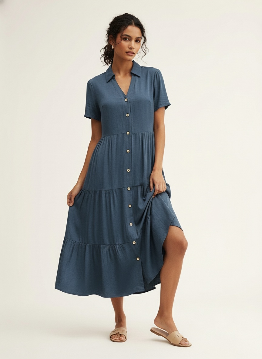 Women's Casual Button-Down Tiered Midi Shirt Dress