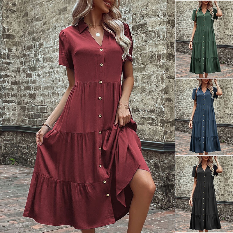 Women's Casual Button-Down Tiered Midi Shirt Dress
