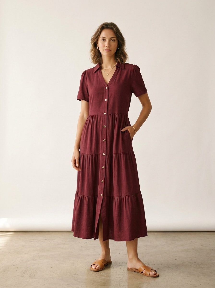Women's Casual Button-Down Tiered Midi Shirt Dress