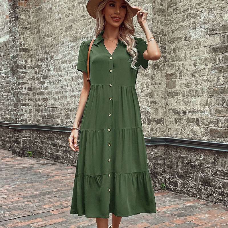 Women's Casual Button-Down Tiered Midi Shirt Dress