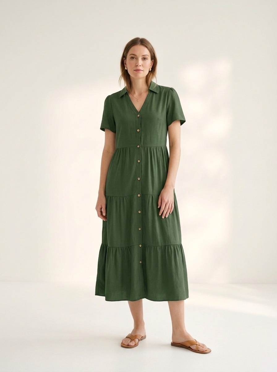 Women's Casual Button-Down Tiered Midi Shirt Dress