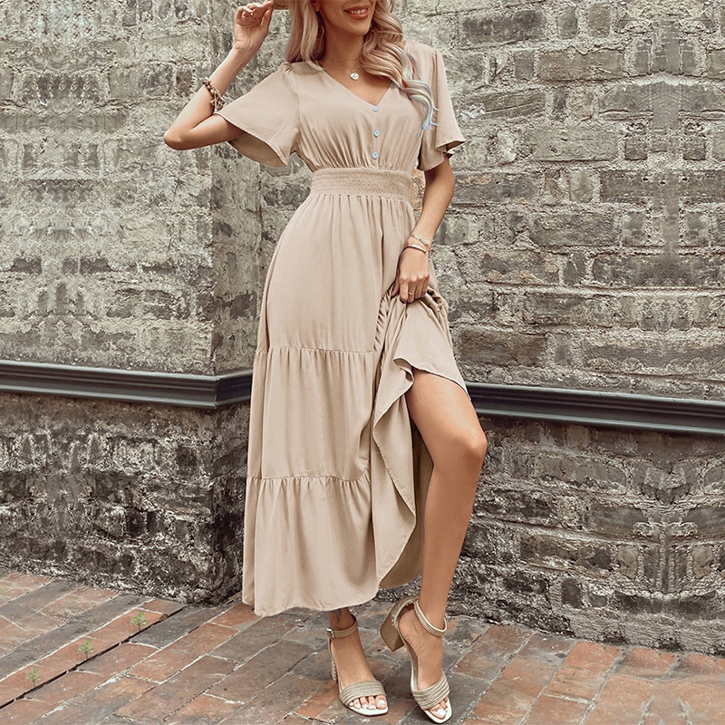 Smocked Waist Tiered Midi Dress - V-Neck Short Sleeve