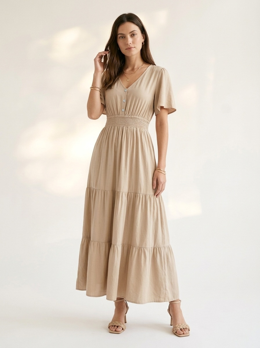 Smocked Waist Tiered Midi Dress - V-Neck Short Sleeve