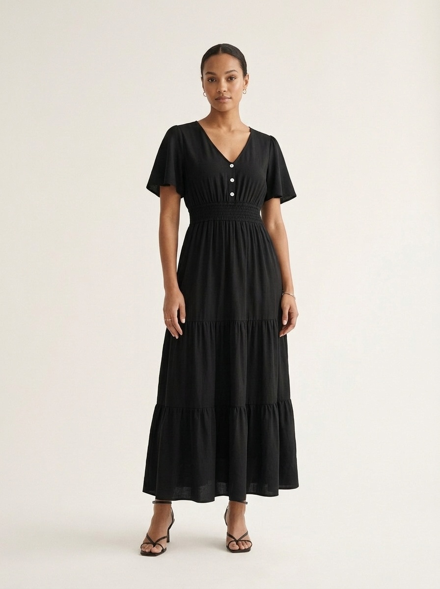 Smocked Waist Tiered Midi Dress - V-Neck Short Sleeve