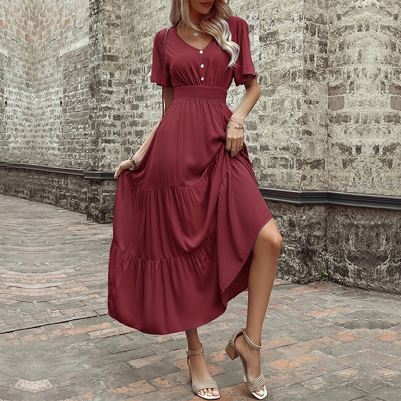 Smocked Waist Tiered Midi Dress - V-Neck Short Sleeve