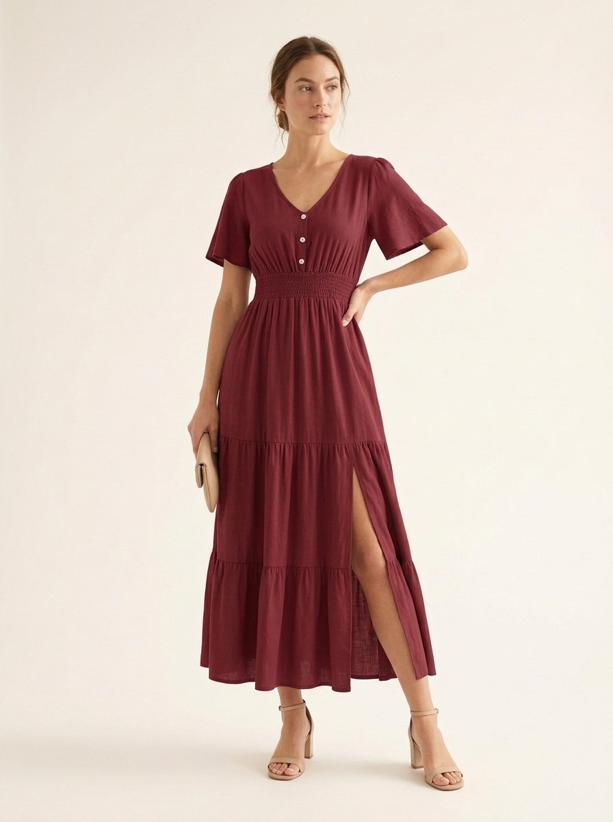 Smocked Waist Tiered Midi Dress - V-Neck Short Sleeve