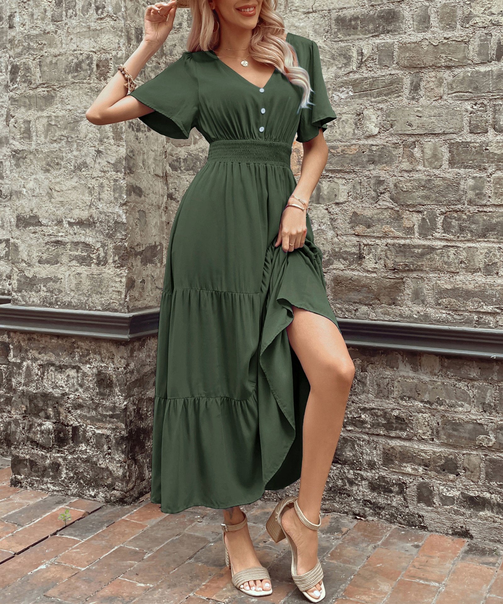 Smocked Waist Tiered Midi Dress - V-Neck Short Sleeve