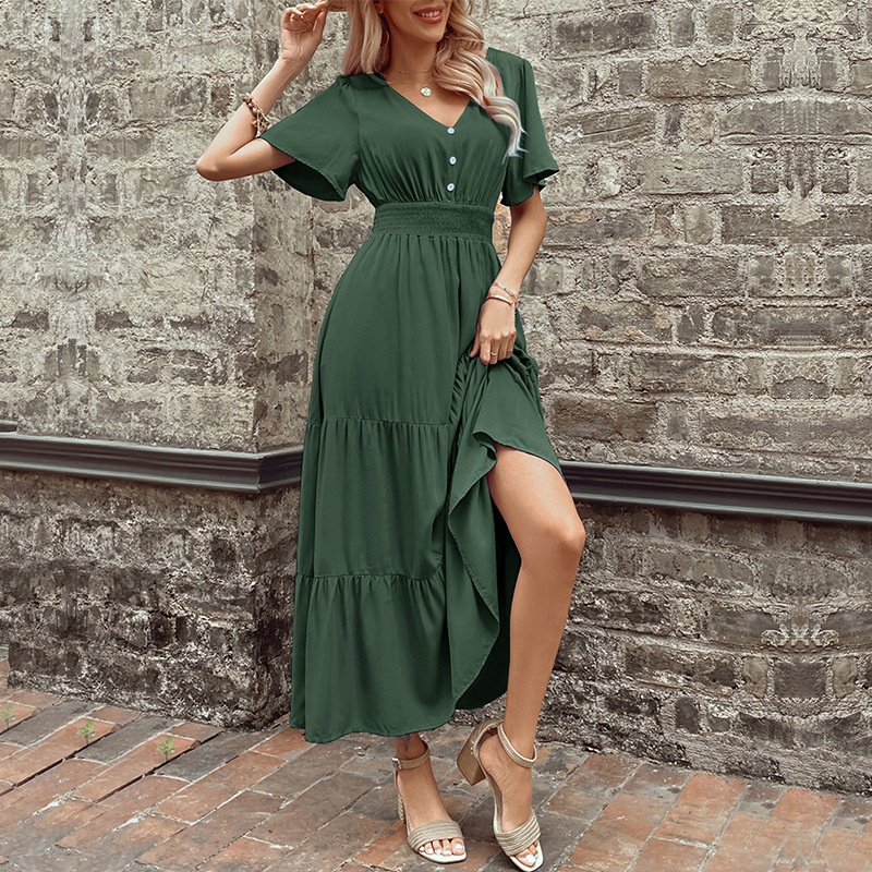 Smocked Waist Tiered Midi Dress - V-Neck Short Sleeve