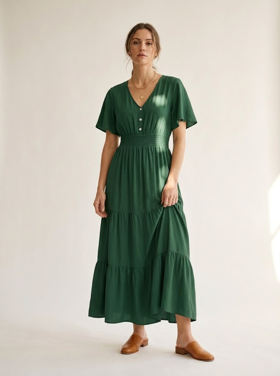 Smocked Waist Tiered Midi Dress - V-Neck Short Sleeve
