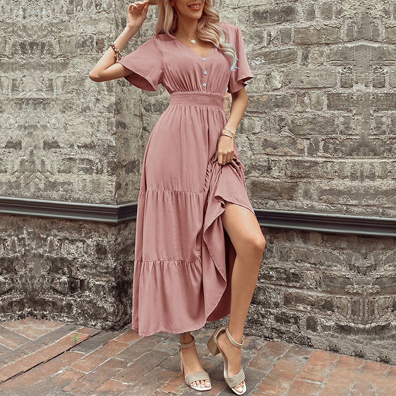 Smocked Waist Tiered Midi Dress - V-Neck Short Sleeve