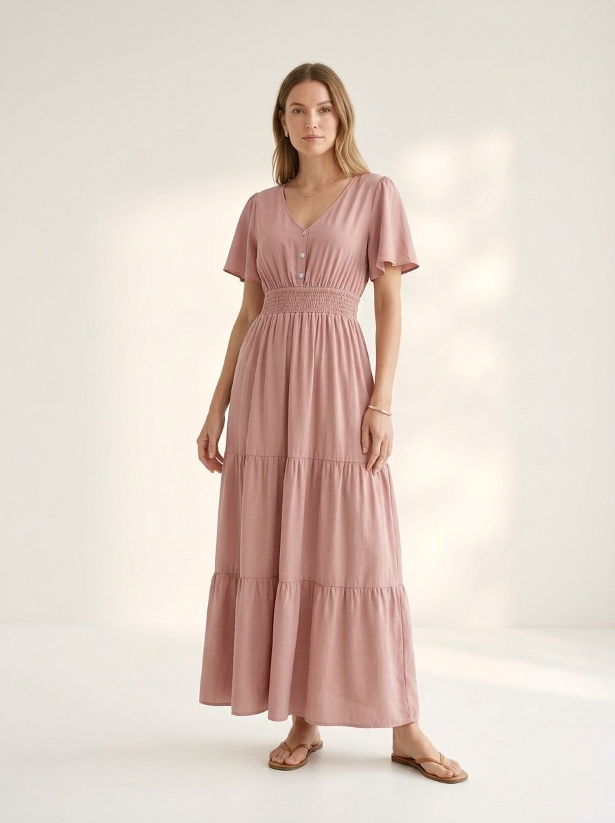 Smocked Waist Tiered Midi Dress - V-Neck Short Sleeve