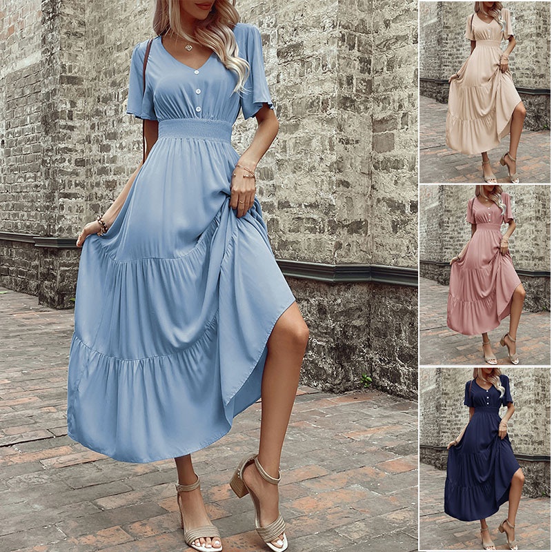 Smocked Waist Tiered Midi Dress - V-Neck Short Sleeve