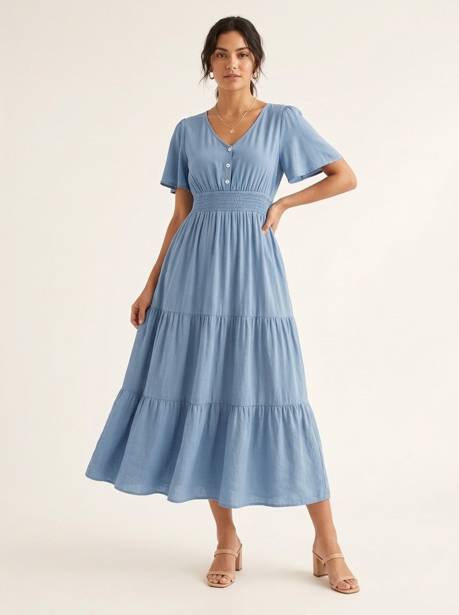 Smocked Waist Tiered Midi Dress - V-Neck Short Sleeve