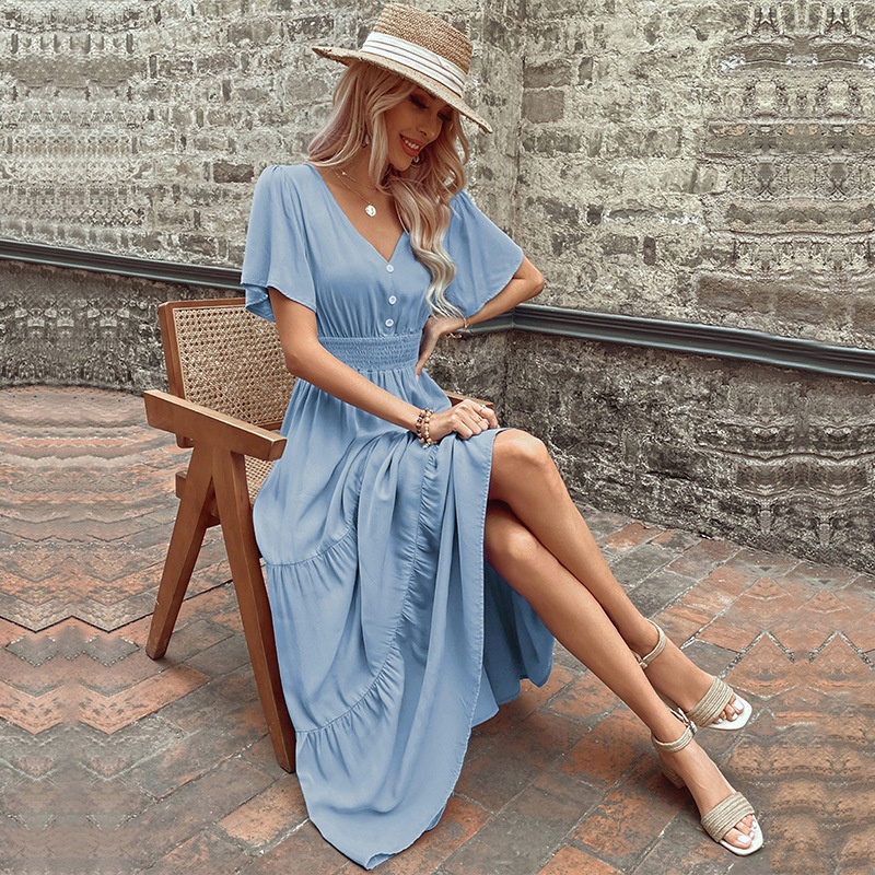 Smocked Waist Tiered Midi Dress - V-Neck Short Sleeve