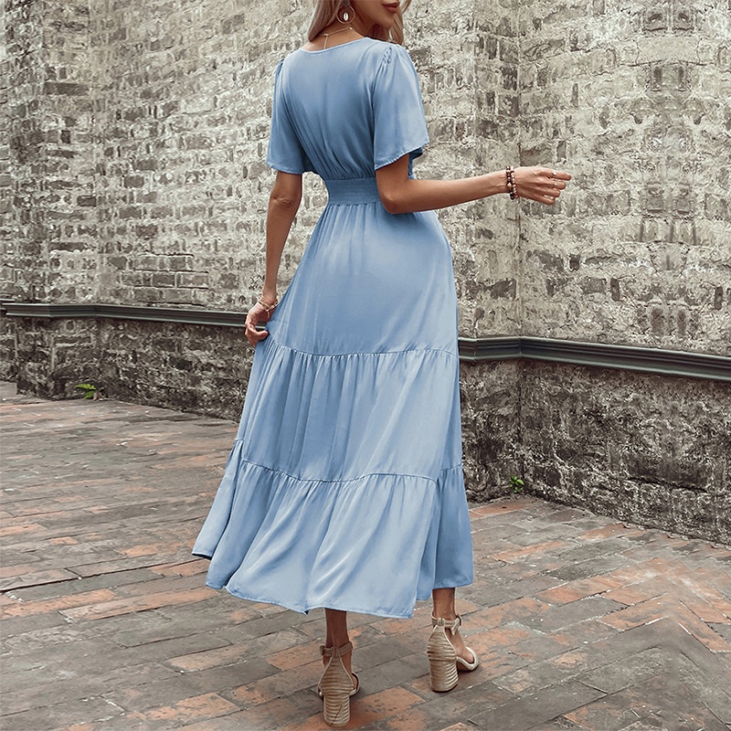 Smocked Waist Tiered Midi Dress - V-Neck Short Sleeve