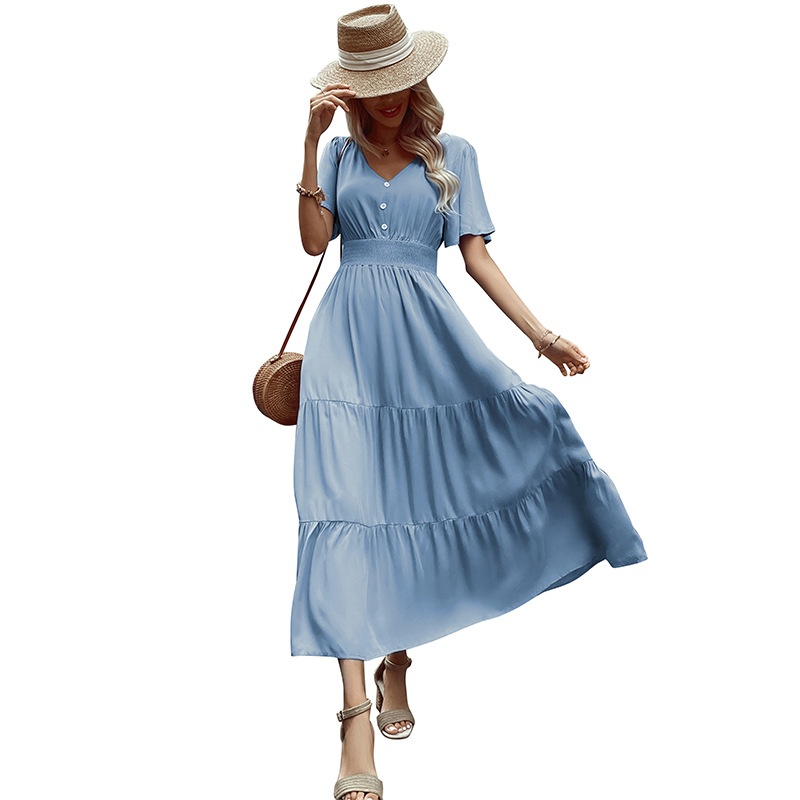 Smocked Waist Tiered Midi Dress - V-Neck Short Sleeve