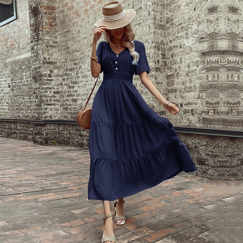 Smocked Waist Tiered Midi Dress - V-Neck Short Sleeve