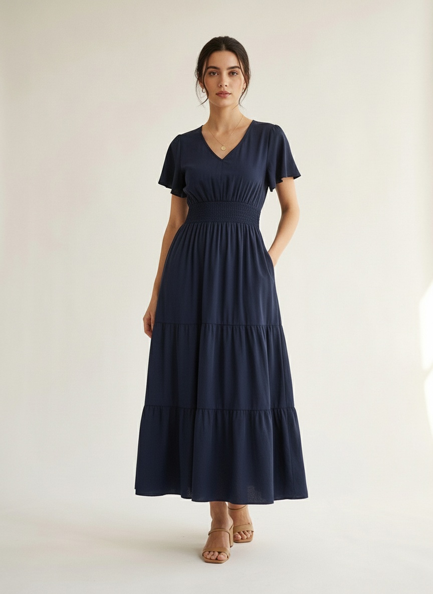Smocked Waist Tiered Midi Dress - V-Neck Short Sleeve