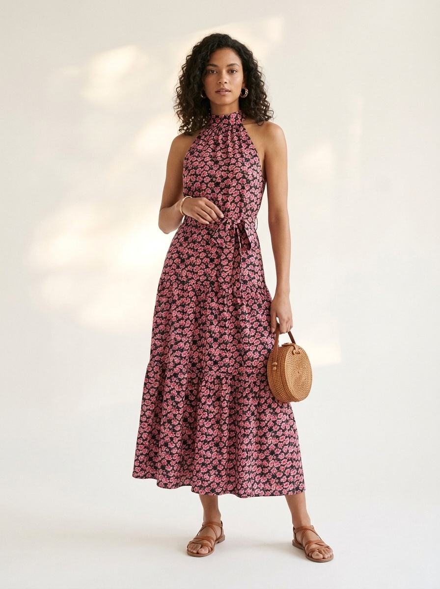 Women's Floral Halter Neck Midi Dress with Tie Waist