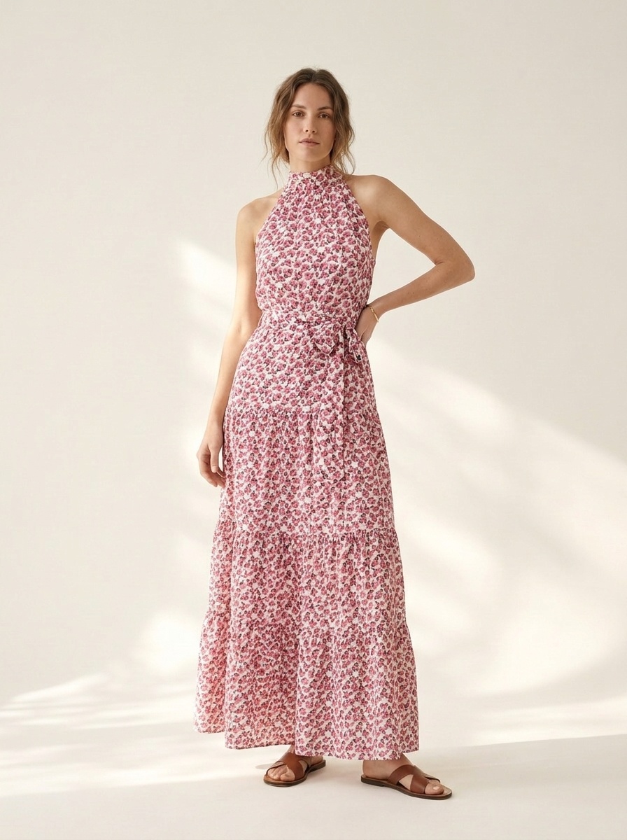 Women's Floral Halter Neck Midi Dress with Tie Waist