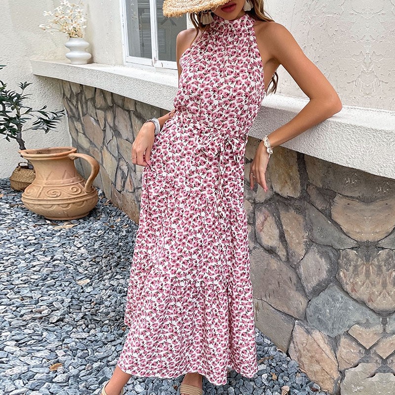 Women's Floral Halter Neck Midi Dress with Tie Waist