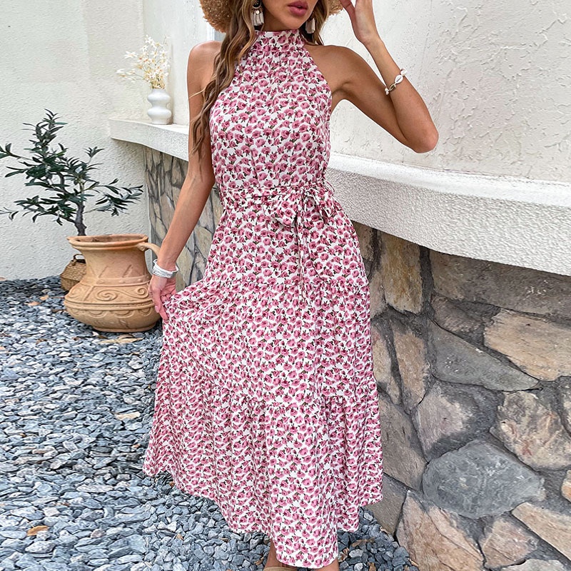 Women's Floral Halter Neck Midi Dress with Tie Waist
