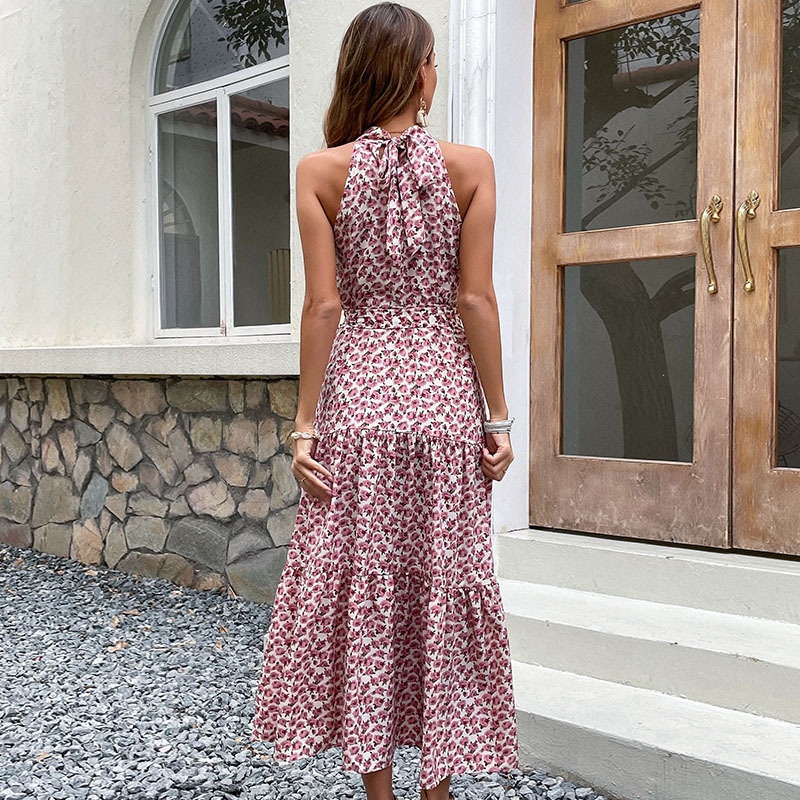 Women's Floral Halter Neck Midi Dress with Tie Waist