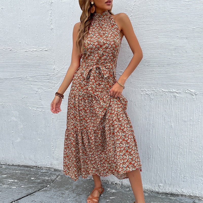 Women's Floral Halter Neck Midi Dress with Tie Waist