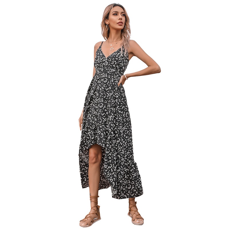 Floral Print V-Neck Spaghetti Strap Midi Dress